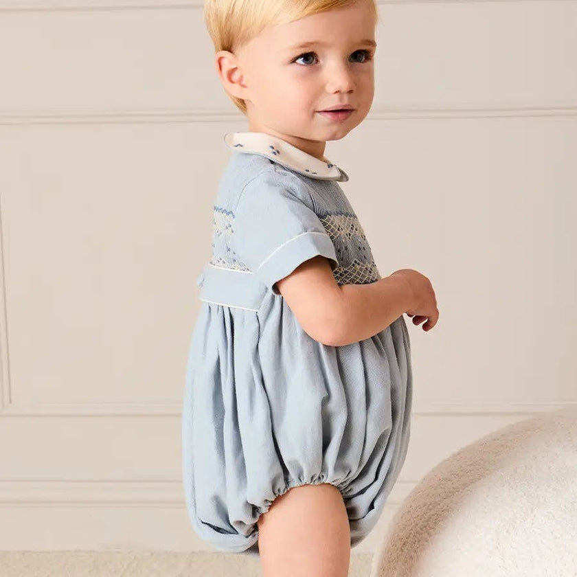 Hand Smocked Peter Pan Collar Short Sleeve Romper in Sky Blue (3mths-2yrs)