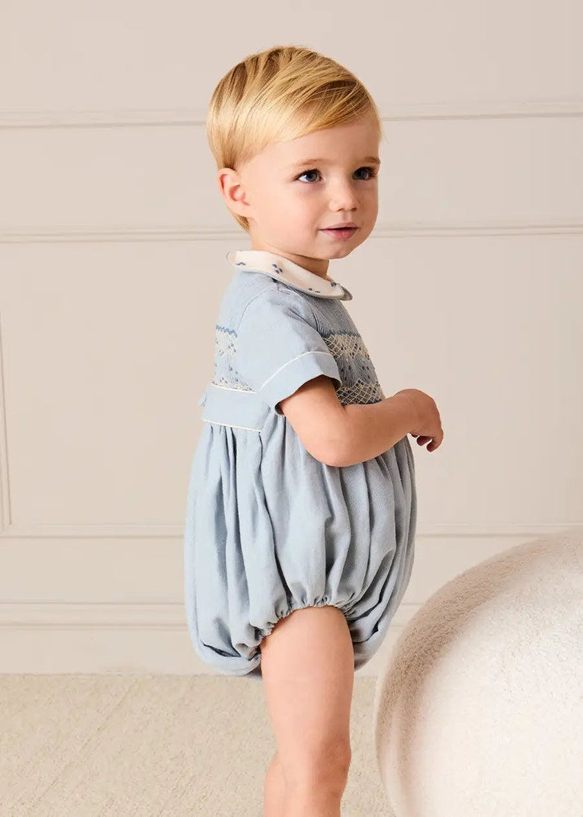 Hand Smocked Peter Pan Collar Short Sleeve Romper in Sky Blue (3mths-2yrs)