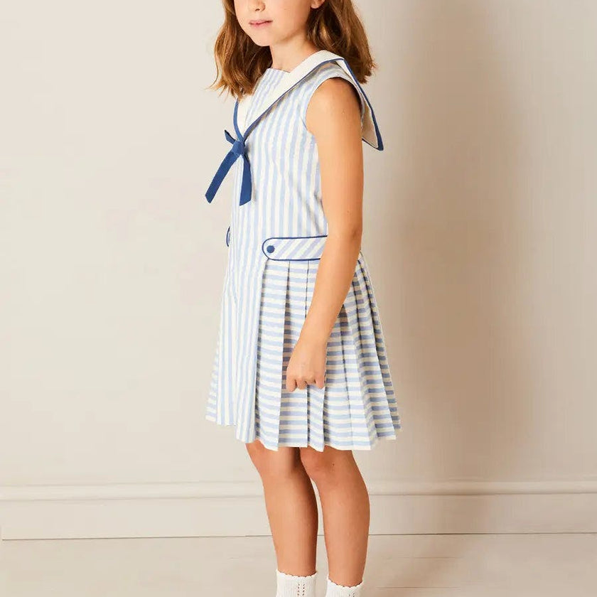 Regency Striped Mariner Collar Pleated Sleeveless Dress in Blue (12mths-10yrs)