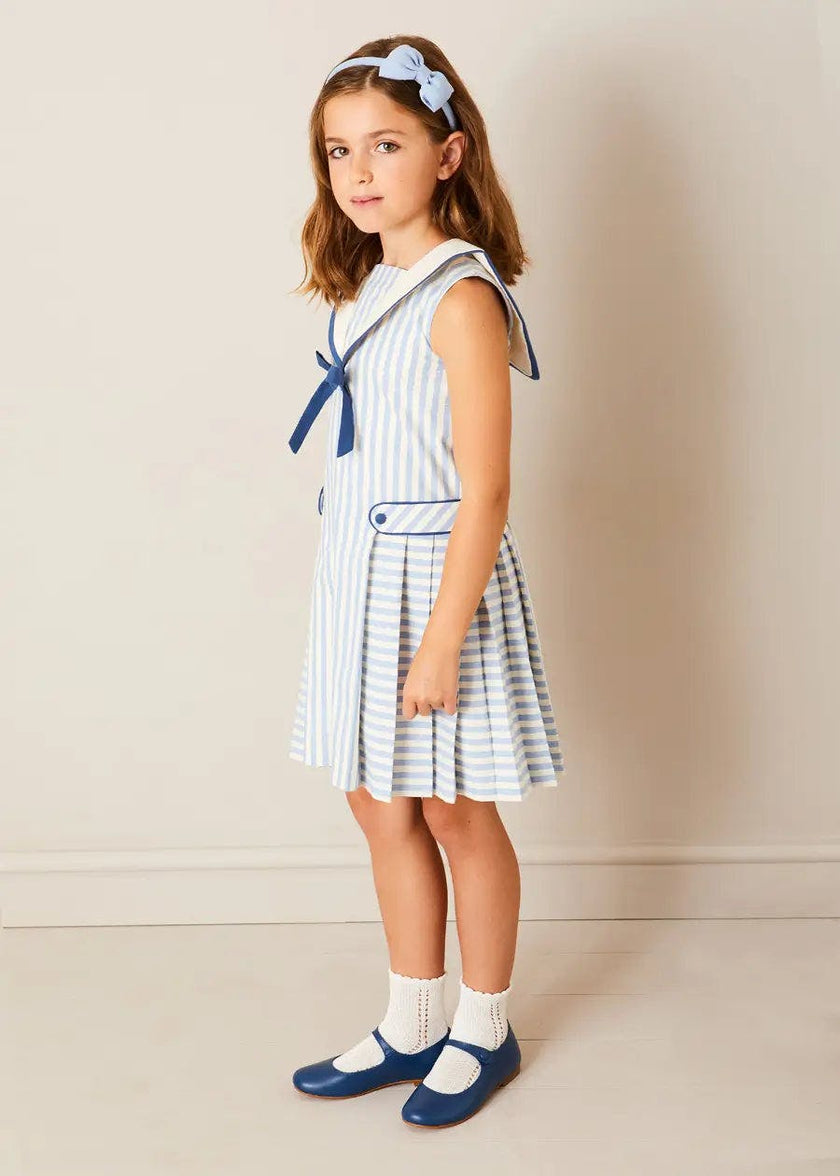 Regency Striped Mariner Collar Pleated Sleeveless Dress in Blue (12mths-10yrs)
