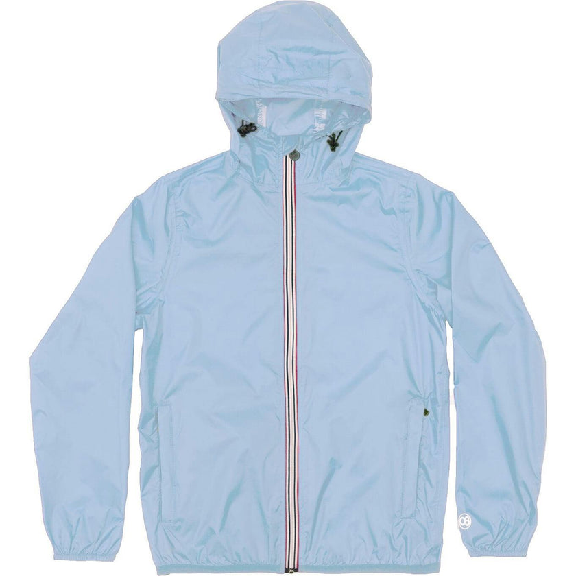 Powder blue full zip packable rain jacket and windbreaker