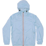 Powder blue full zip packable rain jacket and windbreaker