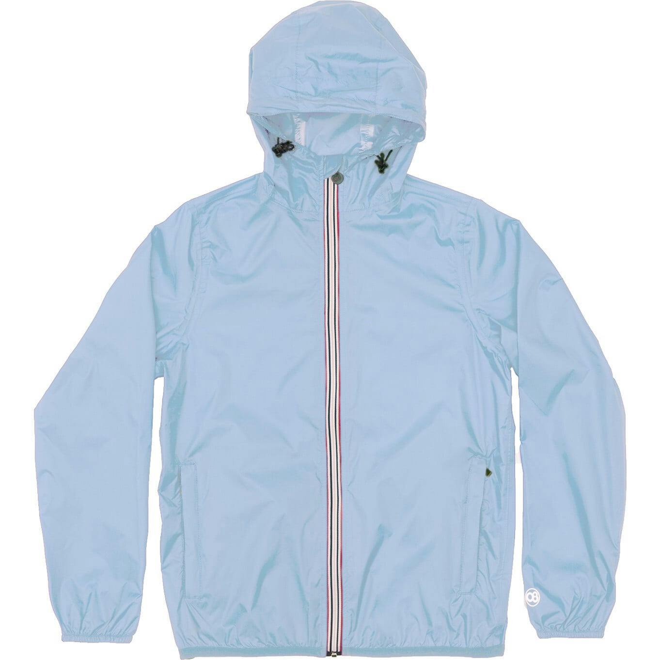 Powder blue full zip packable rain jacket and windbreaker