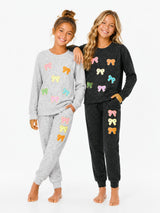 Hacci Sweatshirt with Assorted Color Glitter Chenille Bow Patches
