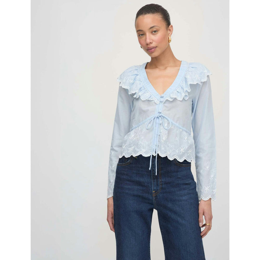 The Zoya Top - Powder Blue with White Embroidery
