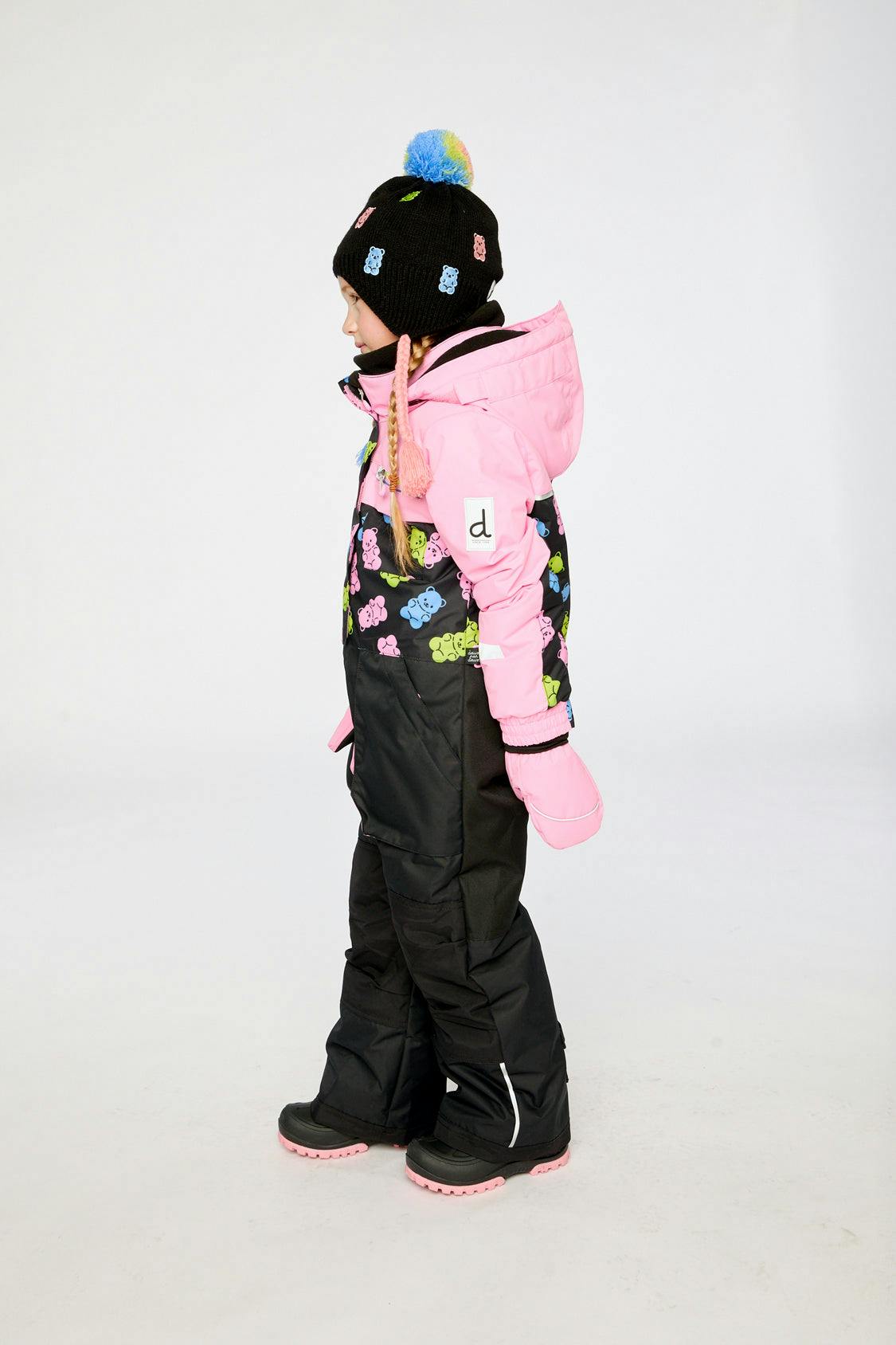 Kids One Piece Play Snowsuit Pink And Black Gummy Bear Print
