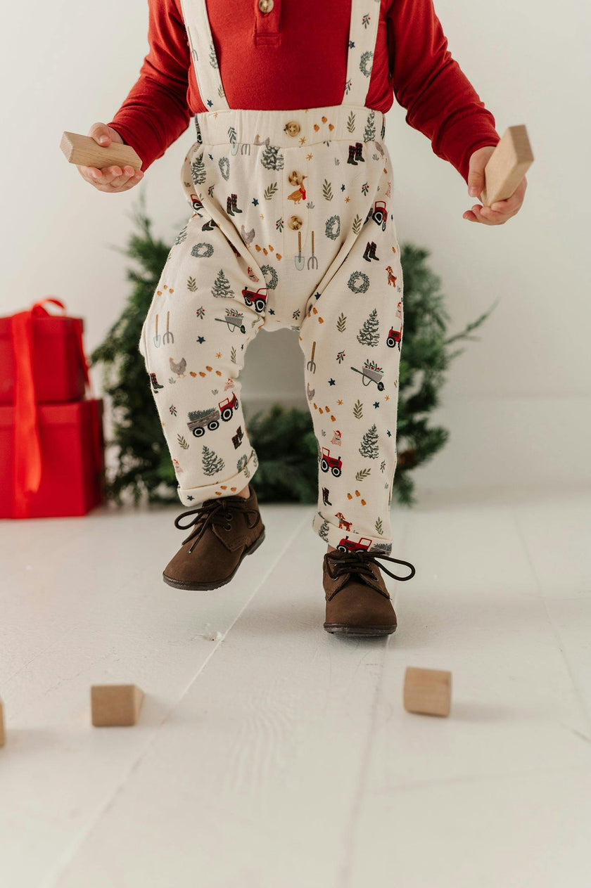 Baby Boy Henley Bodysuit & Suspenders Set in Christmas Farm