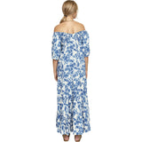 Women's Capri Elastic Bubble Sleeve Tiered Maxi Dress, Blue