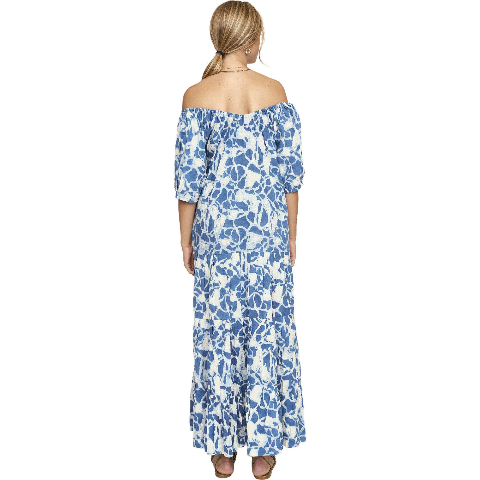 Women's Capri Elastic Bubble Sleeve Tiered Maxi Dress, Blue
