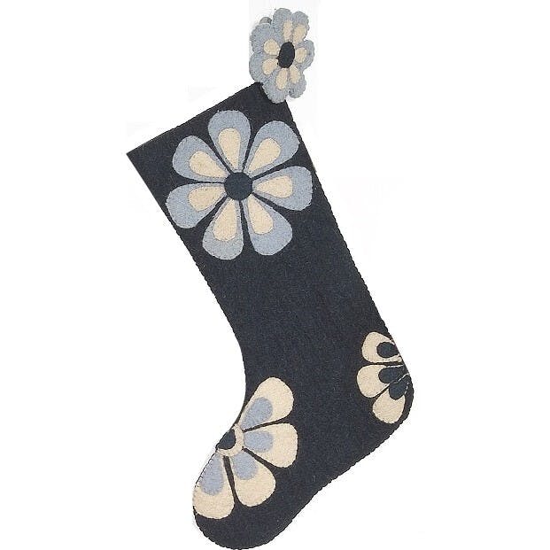 Hand Felted Wool Christmas Stocking - Flower Power Blue