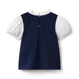 Bow Collar Puff Sleeve Top, navy blue