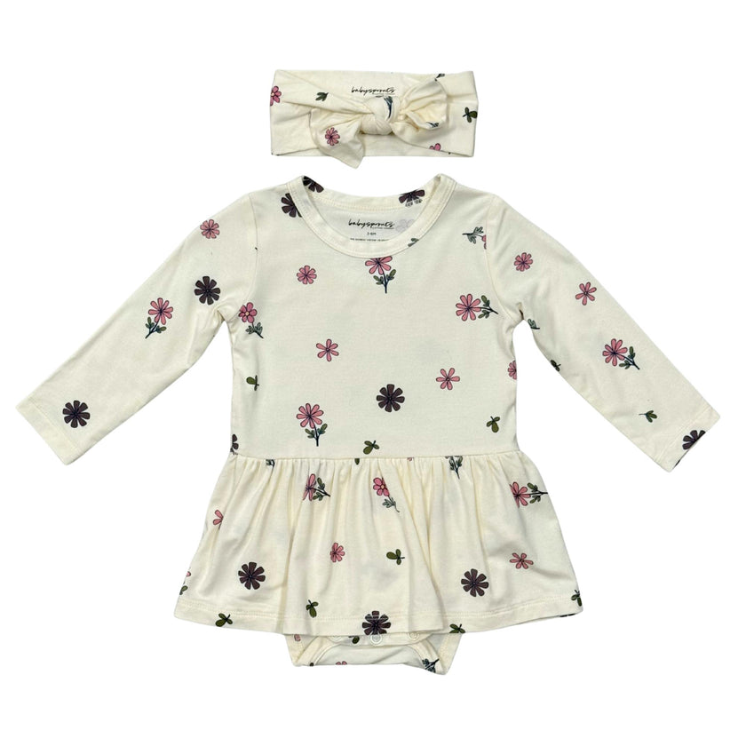 Baby Girl Long Sleeve Bodysuit Dress Set in Wild Stem