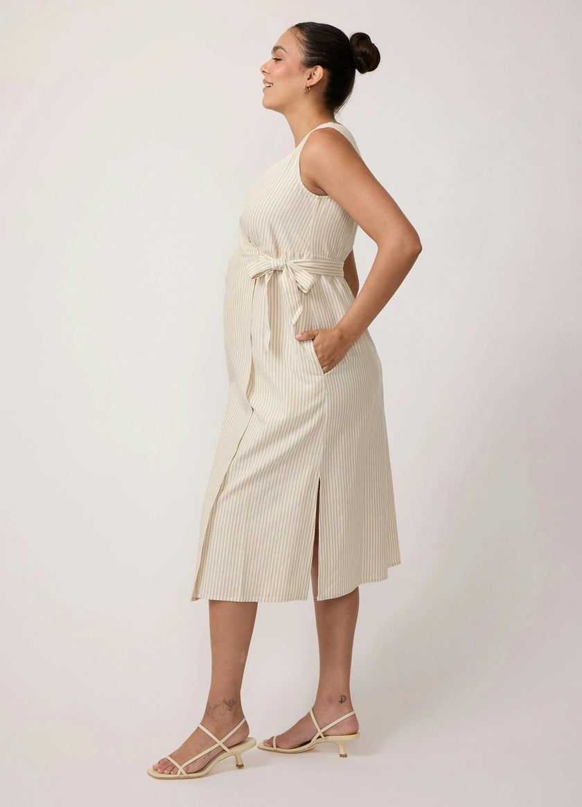 Striped Linen Wrap Maternity Midi Dress