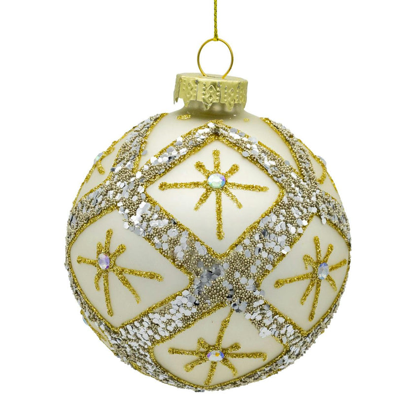 Kurt Adler 80MM Glass Silver Balls With Gold & Silver Criss-Cross Glitter Design Set, 6-Pieces