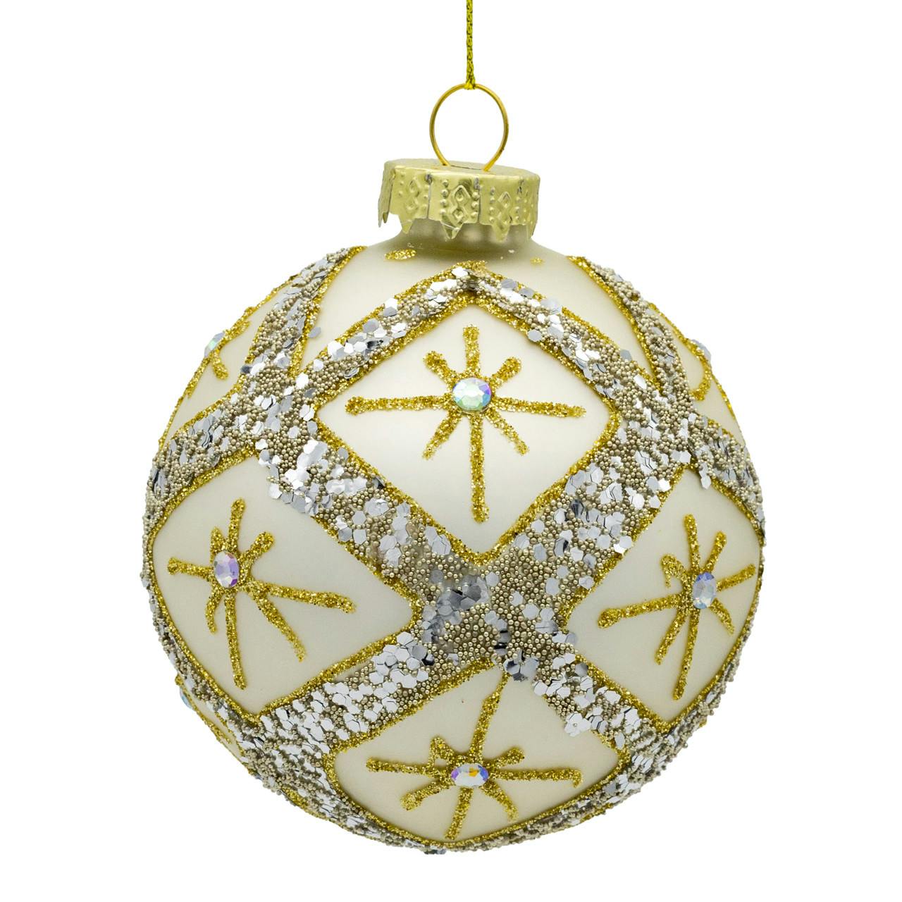 Kurt Adler 80MM Glass Silver Balls With Gold & Silver Criss-Cross Glitter Design Set, 6-Pieces