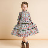 Long Sleeves Tiered Skirt Dress with Velvet Trim