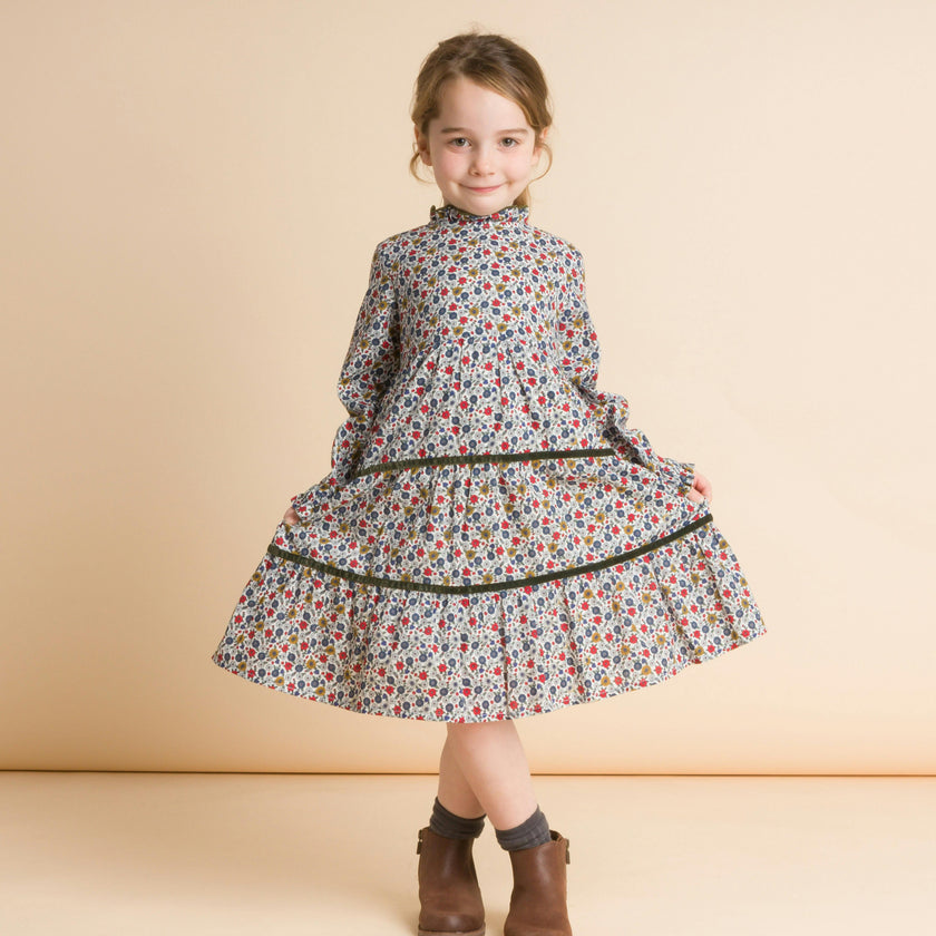 Long Sleeves Tiered Skirt Dress with Velvet Trim