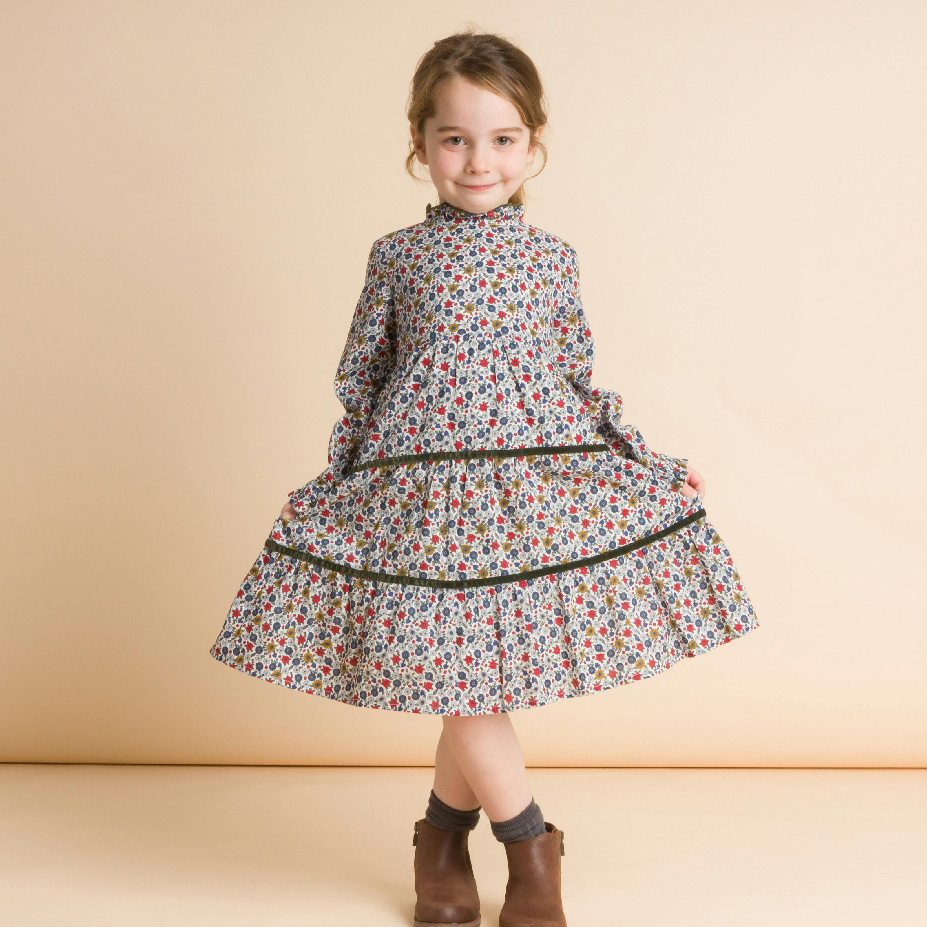 Long Sleeves Tiered Skirt Dress with Velvet Trim