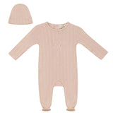 Cherry Embroidered Ribbed Romper and Hat Two Piece Set