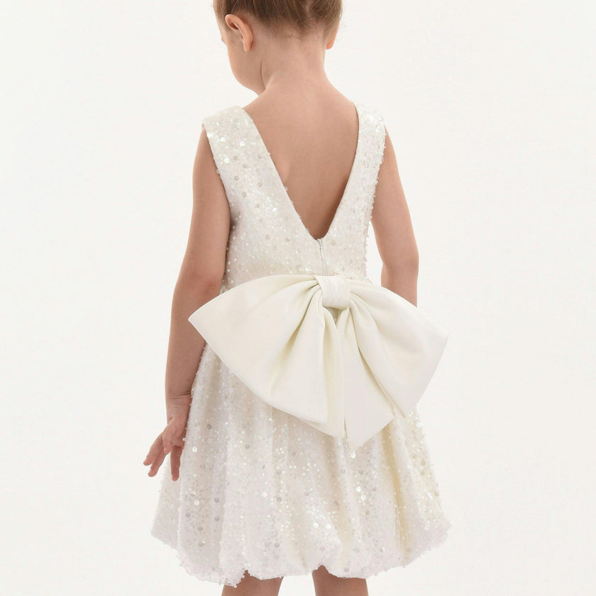Pearl White Ainsley Sequin Bow Dress