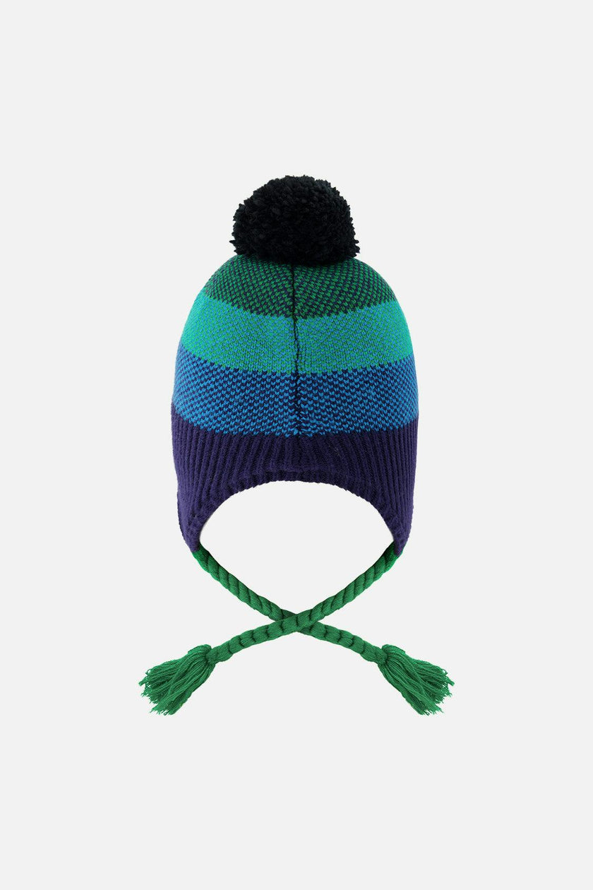 Winter Peruvian Knit Hat with Pompom Blue and Green Knit
