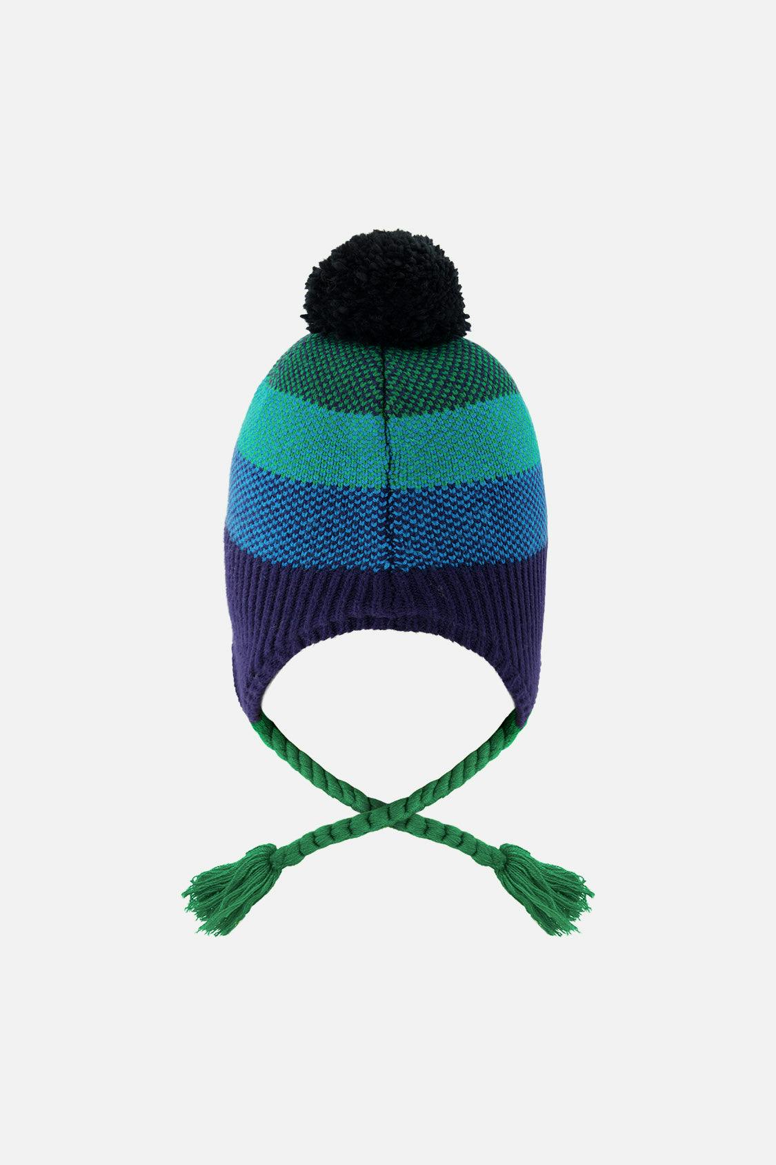 Winter Peruvian Knit Hat with Pompom Blue and Green Knit