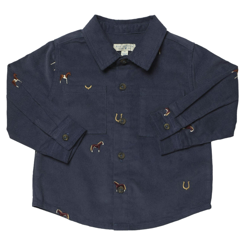 Boys Long Sleeve Jack Shirt - Navy Horse Embroidery