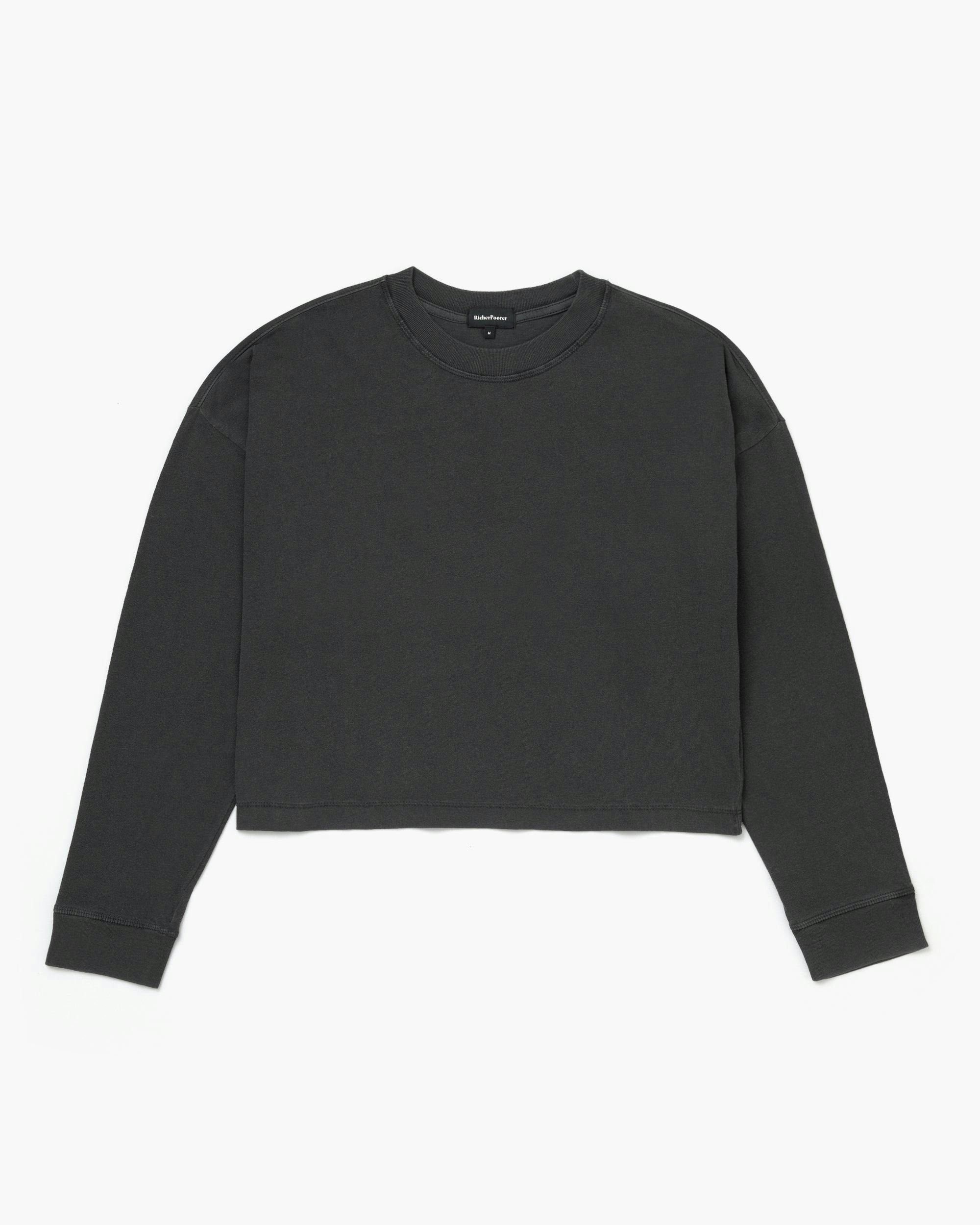 Womens Relaxed Crop Long Sleeve Tee - Pigment Dye Jersey - Stretch Limo