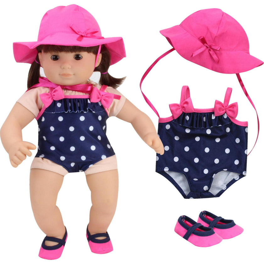 Sophia's 3-Piece Polka Dot Bathing Suit Set for 15'' Baby Dolls, Navy/Pink