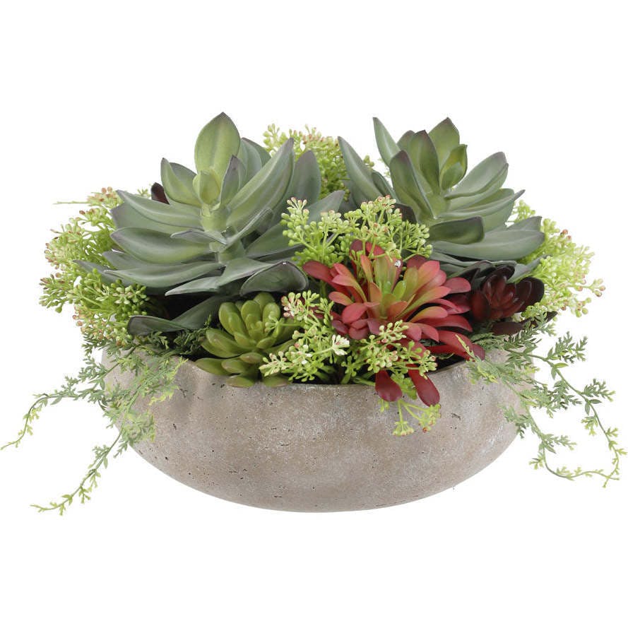 Round Artificial Succulent Arrangement, Natural Planter