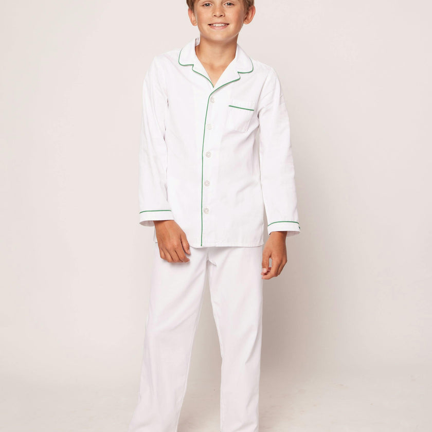 Kid's Twill Pajama Set in White with Green Piping