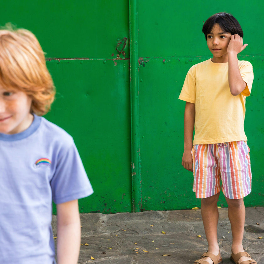 Orange T-shirt and Rainbow Bermuda Shorts Set