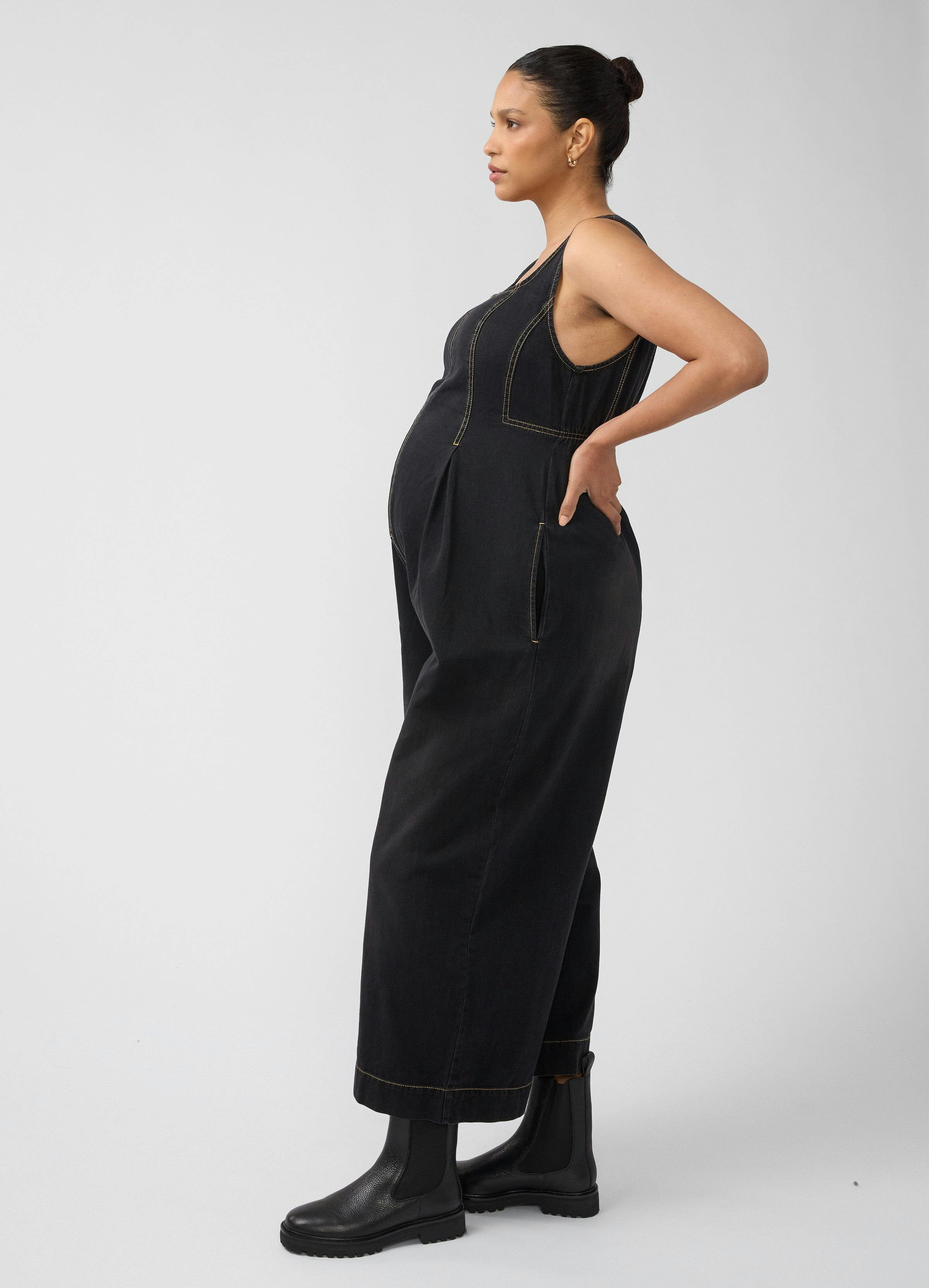 Zip Front Drapey Denim Maternity Jumpsuit