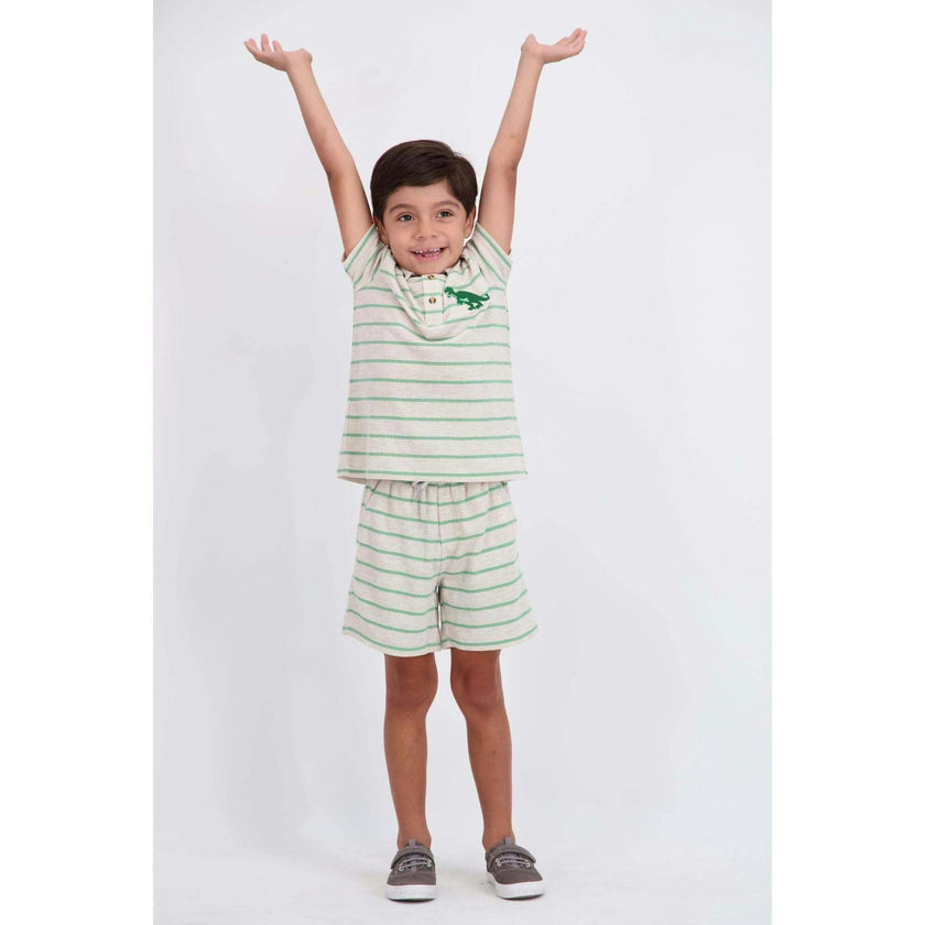 Boys Striped Waffle Polo Set | Oatmeal Dino