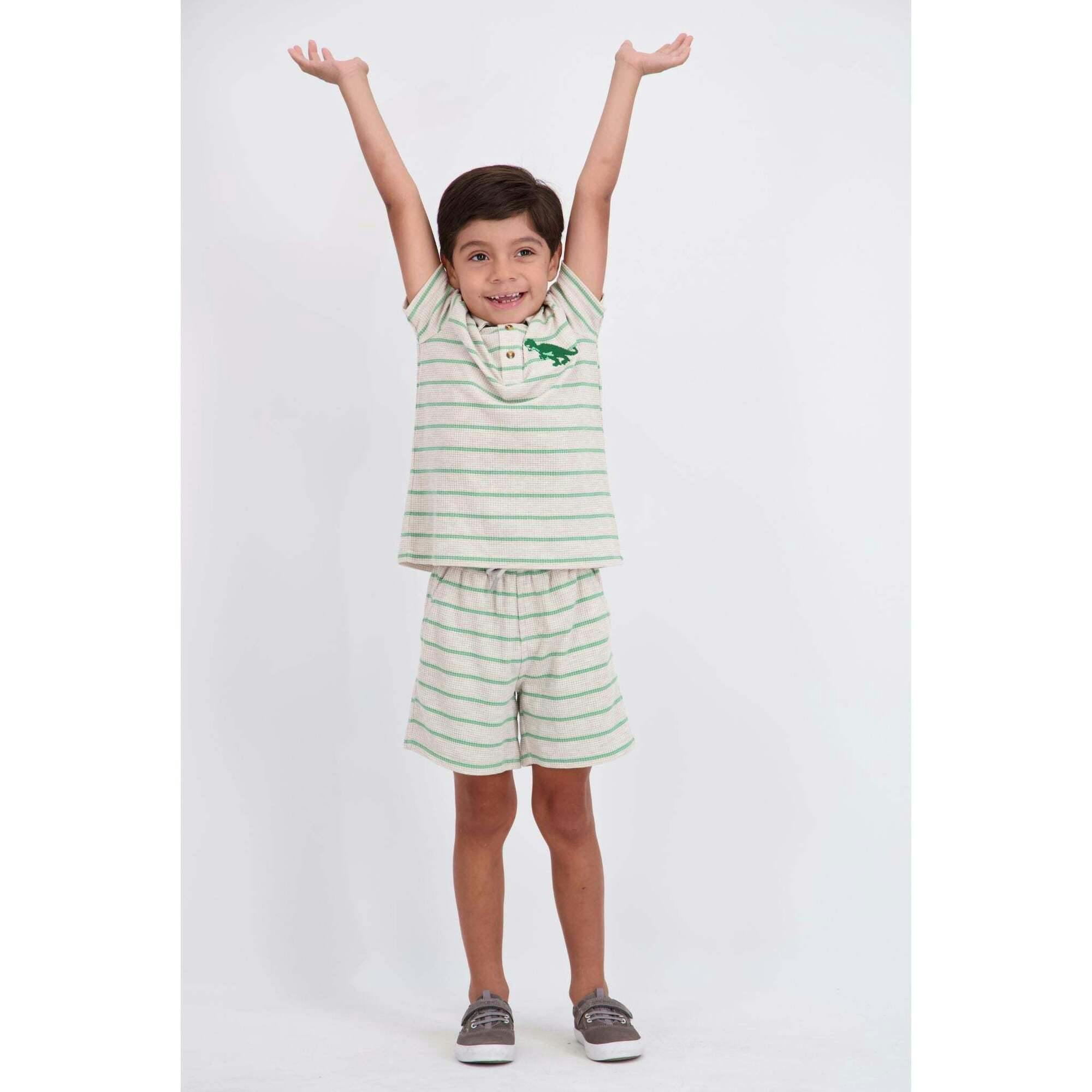 Boys Striped Waffle Polo Set | Oatmeal Dino