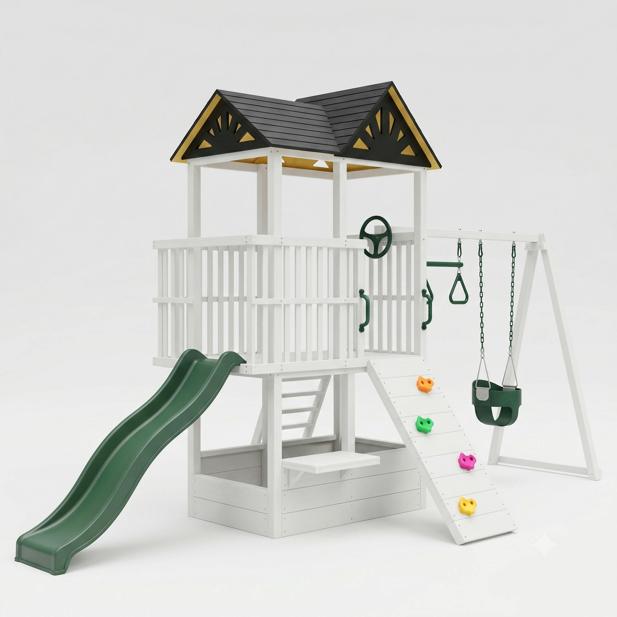 Craftsman | Modern Wooden Swing Set with Slide, Climber & Sandbox