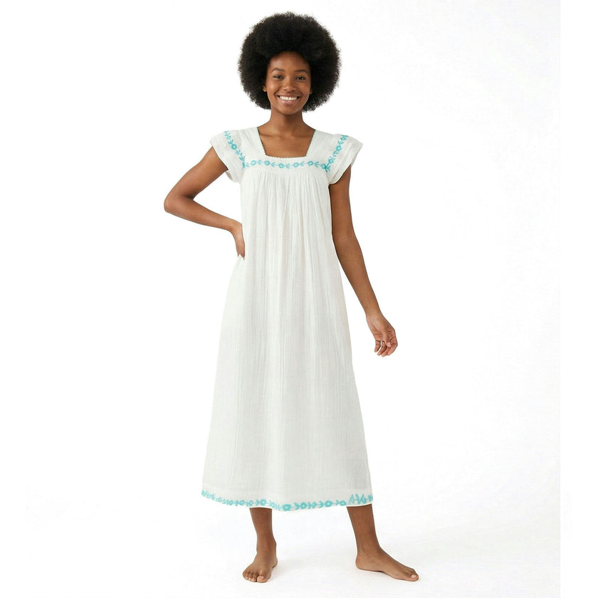 Maxi Sandrine Womens Dress Aqua Floral Embroidery, Aqua Floral Embroidery