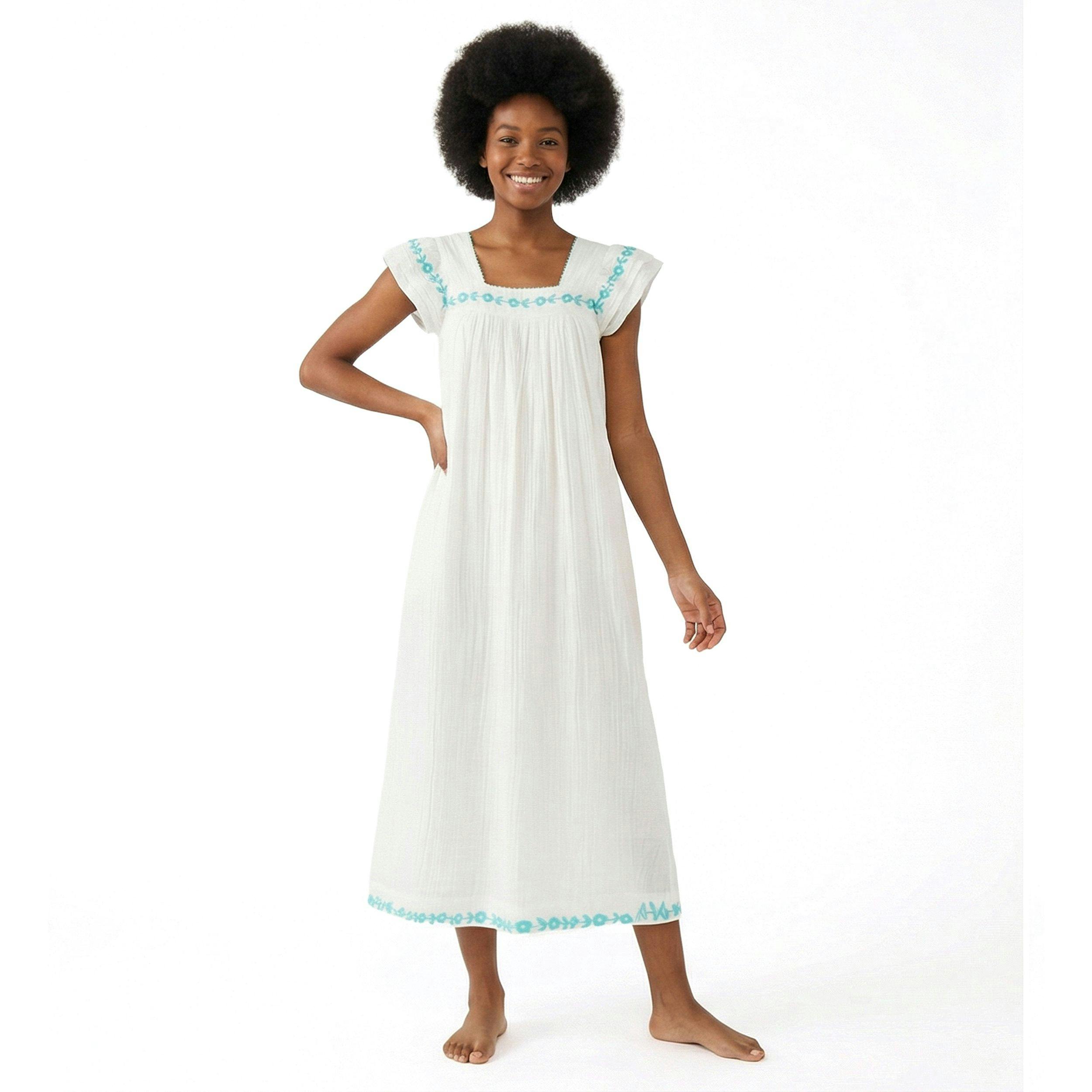 Maxi Sandrine Womens Dress Aqua Floral Embroidery, Aqua Floral Embroidery