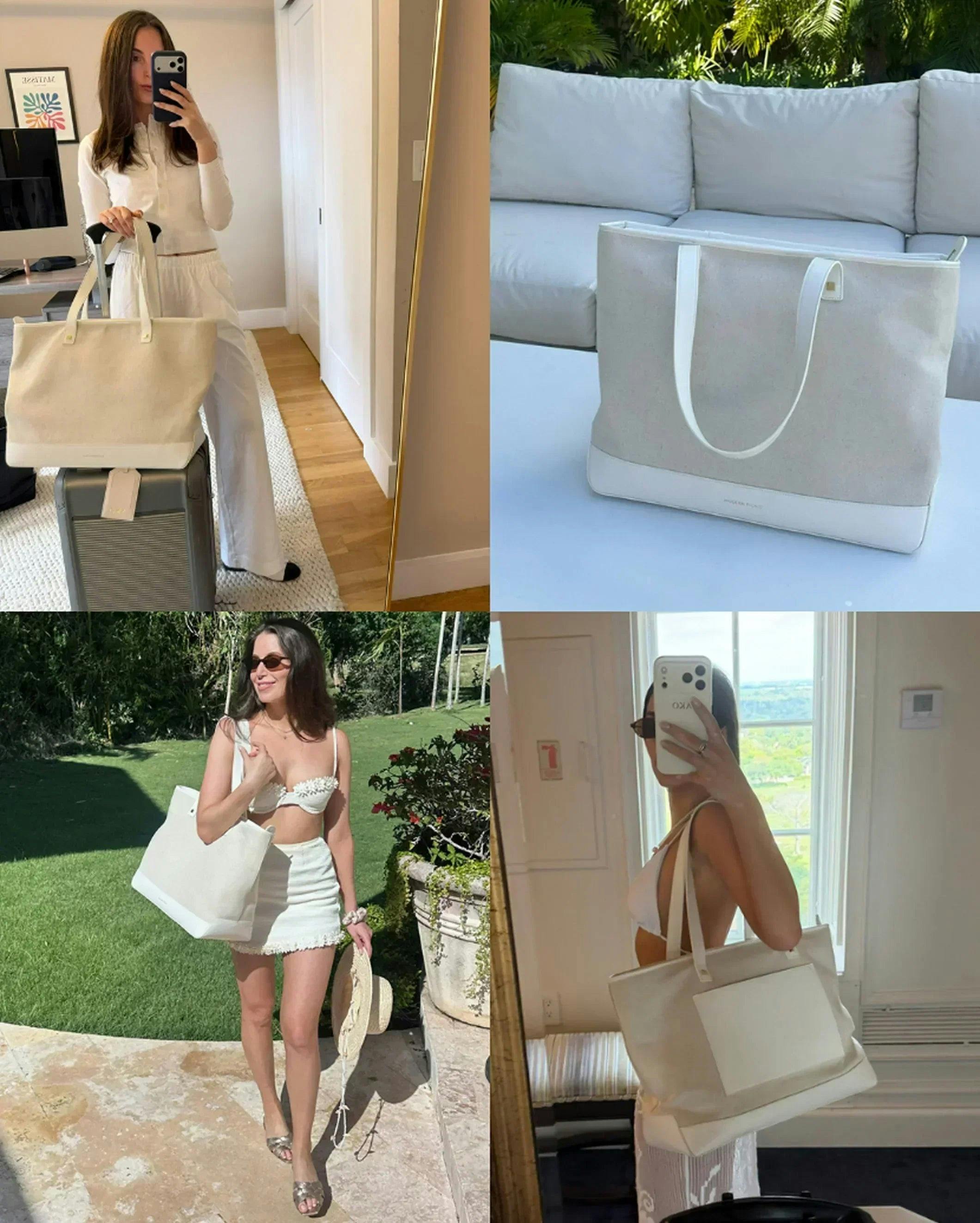 Vegan Leather Work Tote Bag with Removable Insulated Pouch, White Canvas