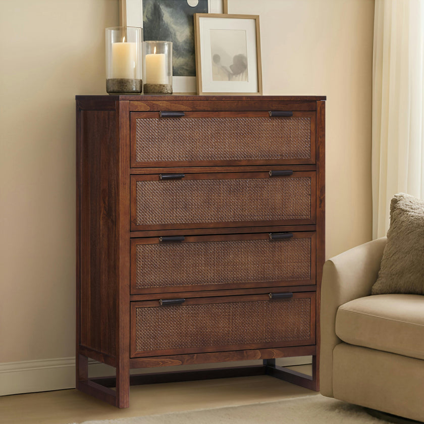 Hatteras Dresser with 4 Rattan Inlay Drawers, Faux Leather Pulls & Deep Storage