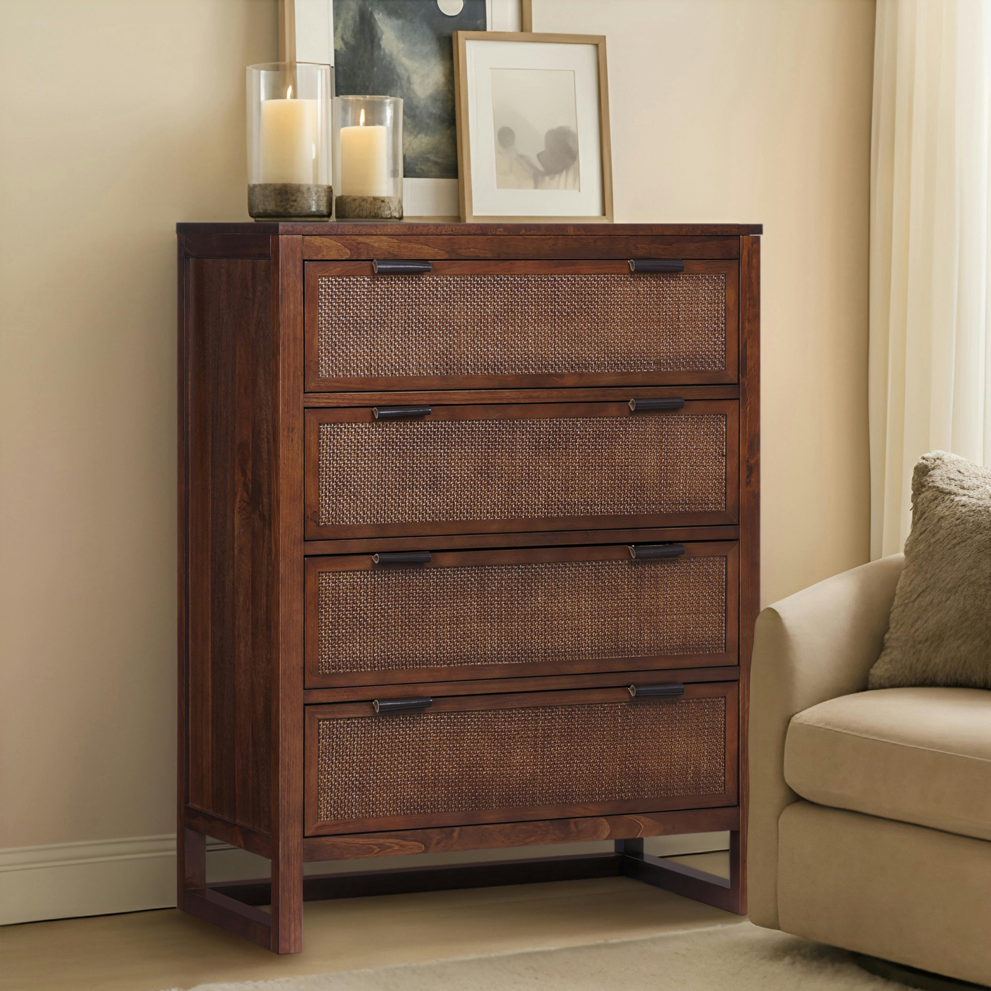 Hatteras Dresser with 4 Rattan Inlay Drawers, Faux Leather Pulls & Deep Storage