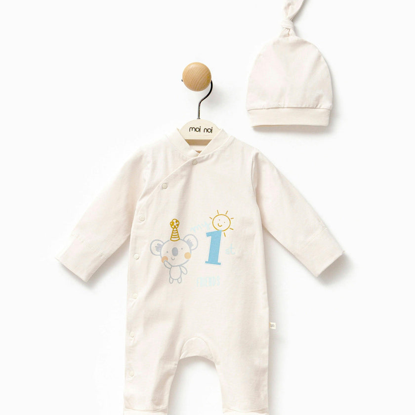 Cream First Graphic Babygrow & Hat