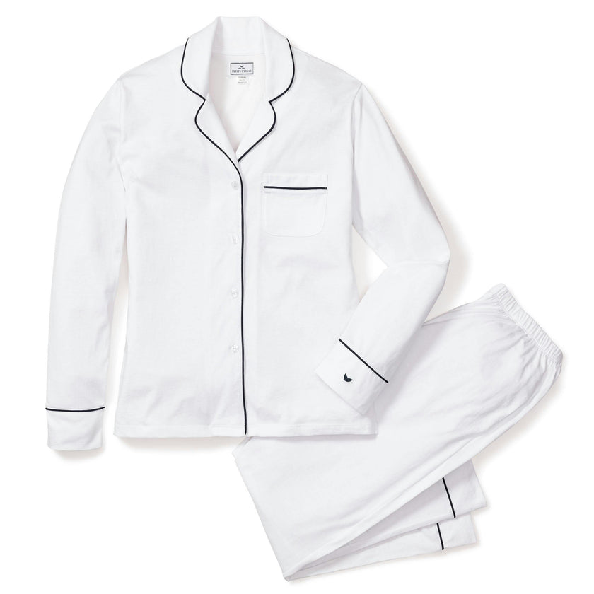 Women's Pima Pajama Set in White with Navy Piping