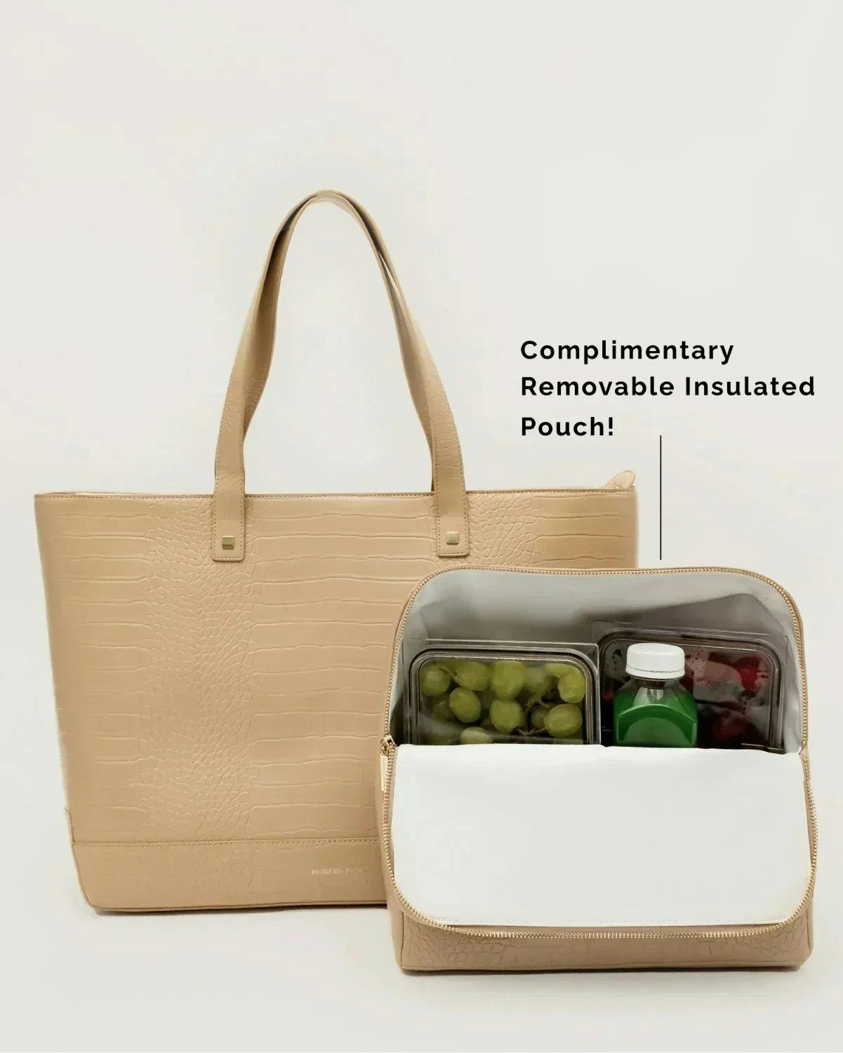 Vegan Leather Work Tote Bag with Removable Insulated Pouch, Cream Croc