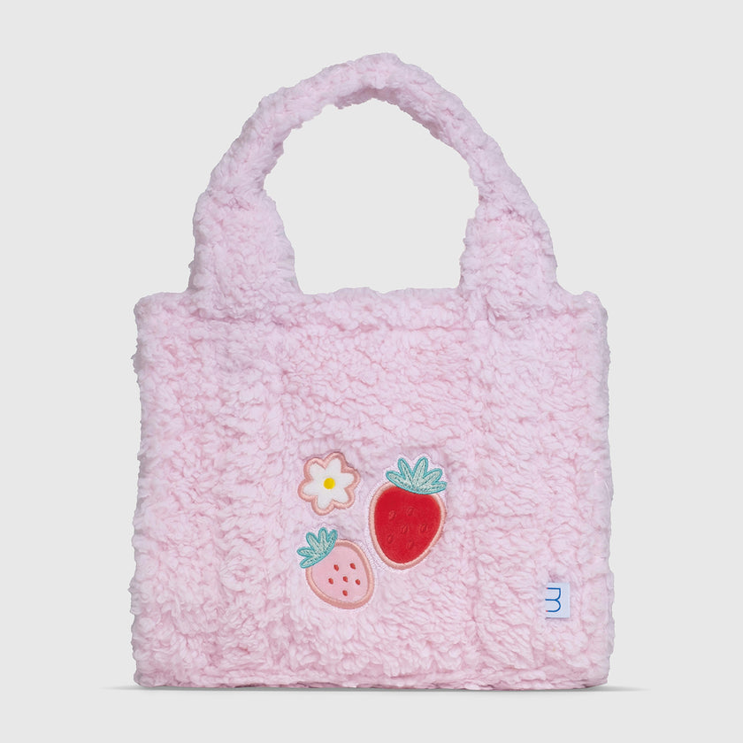 Sherpa Tote Bag – Cozy, Colorful & Convertible with Matching Coin Purse, Strawberries + Daisies