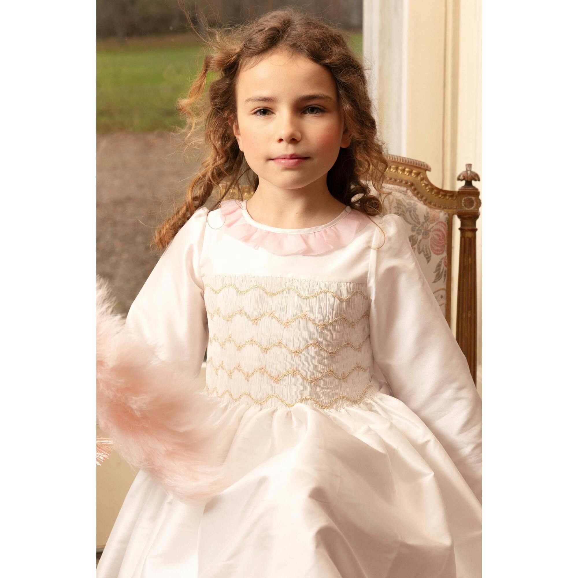 Sofia White Taffeta Long Sleeve Smocked Dress