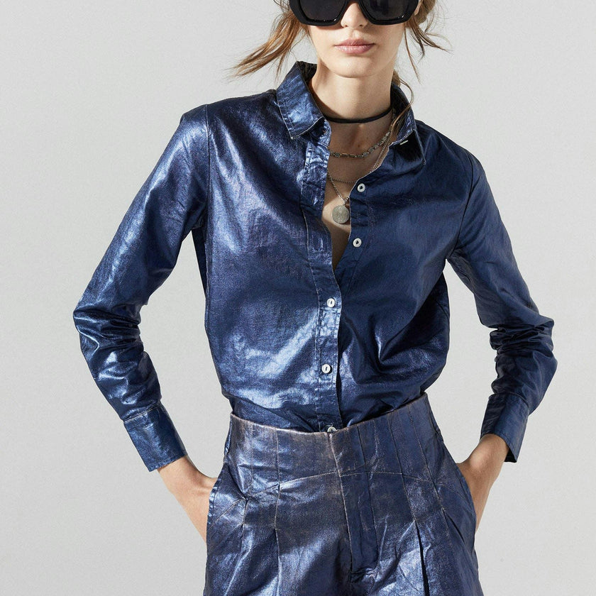 San Marino Metallic Linen Shirt - Dark Blue