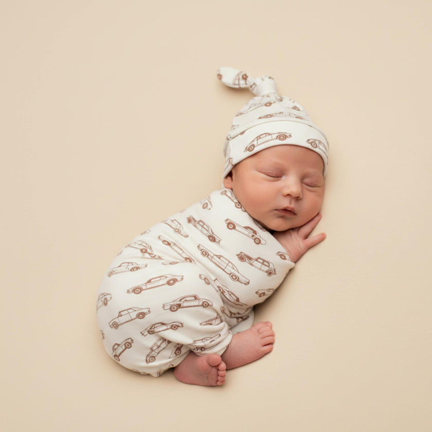 Organic Swaddle Blanket & Hat Set - Cars