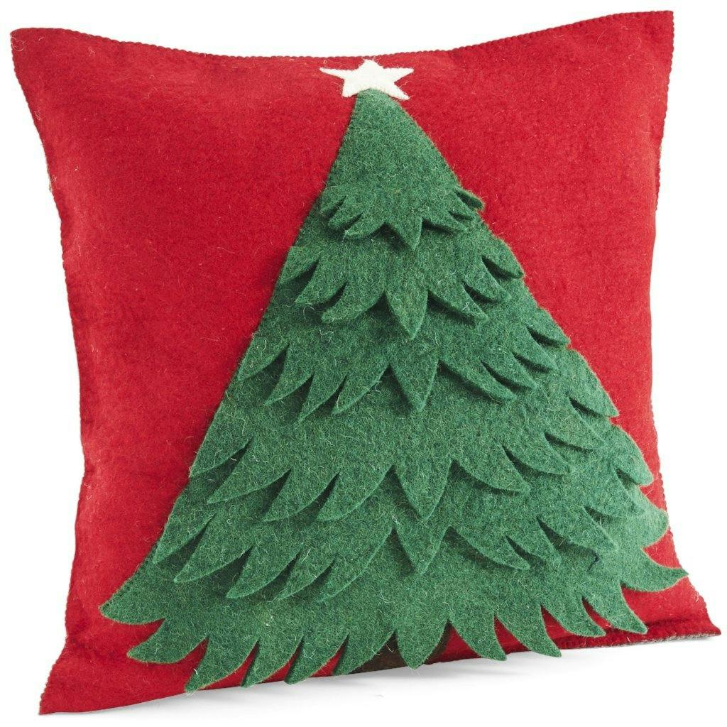 Handmade Christmas Pillow Hand Felted Wool - Tree Red - 20