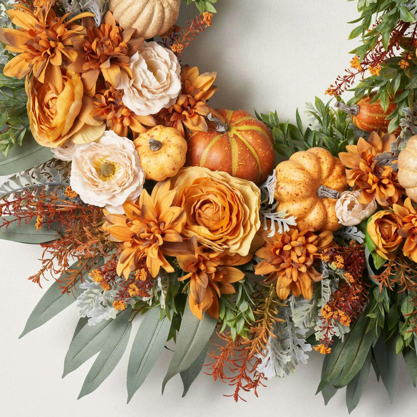 Mixed Autumn Pumpkin, Burnt Orange Sunflowers, Cream Ranunculus & Needle Leaf Eucalyptus Front Door Fall Wreath